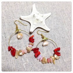 画像1: ピンクオパール＆シェル フープピアス