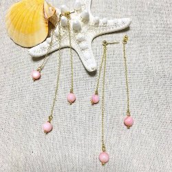 画像1: 3連 コーラル ロングキャッチピアス ピンク