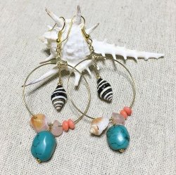 画像1: ターコイズ＆シェル フープピアス