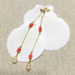 画像1: 淡水パール＆コーラルロングピアス