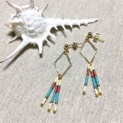 画像1: ダイヤフープ ビーズピアス ターコイズ×アイボリー